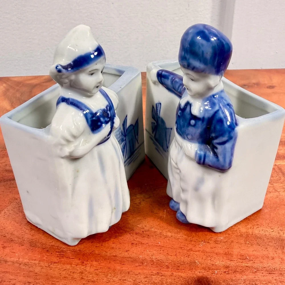 Antique Delft Boy/Girl Figurine Holders/Planters 1920s Blu/Wht Dutch Pair‎ Japan